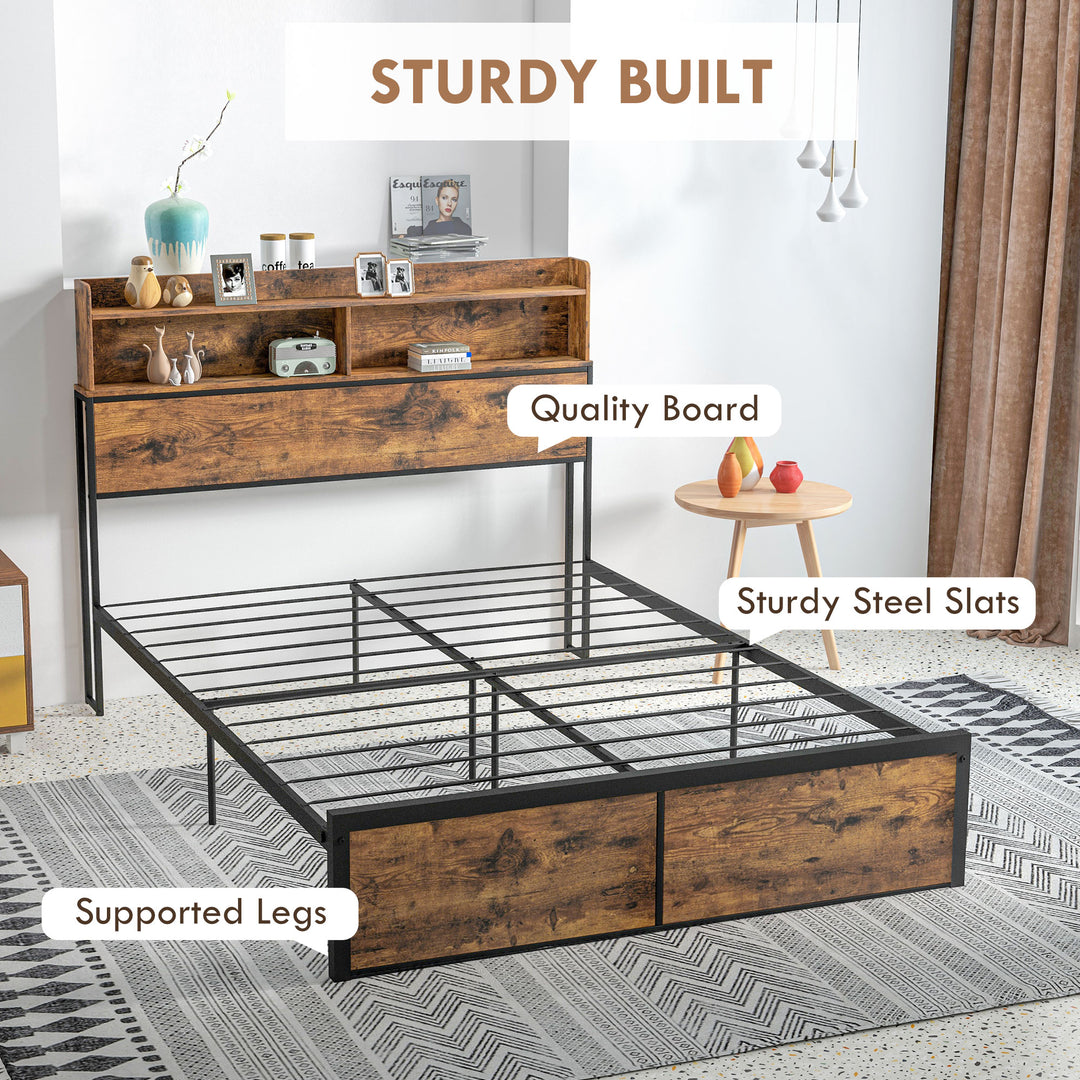 HOMCOM Industrial Double Bed Frame, 4.8FT Steel Bed Base w/ Storage Headboard, Footboard, Under Bed Storage, 145 x 209cm, Rustic Brown