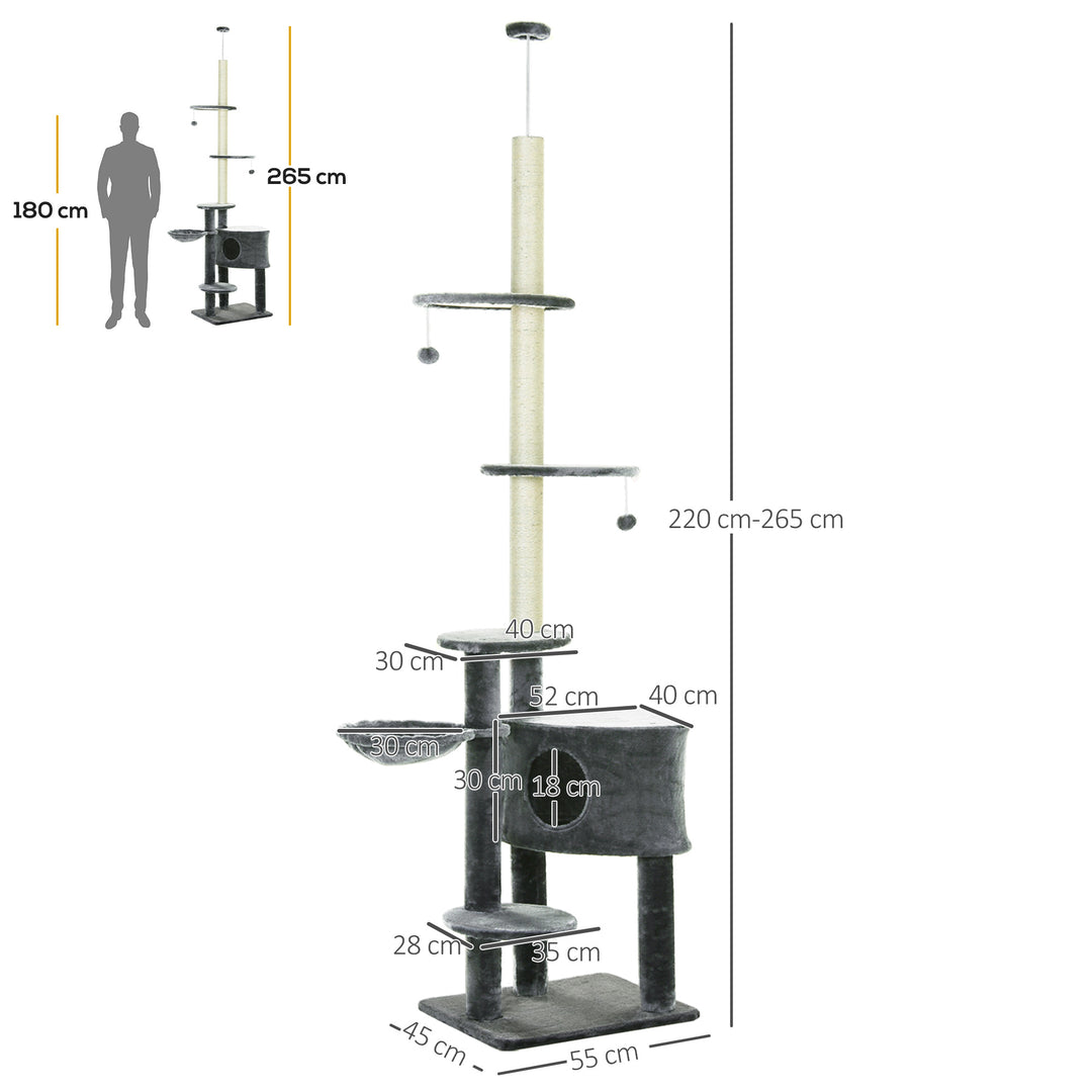 Floor to Ceiling Cat Tree for Indoor Cats Play Tower Climbing Activity Center Scratching Post Platforms Condo Adjustable Height 220-265cm Dark Grey