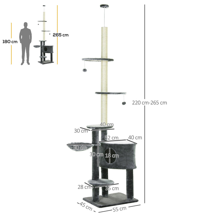 Floor to Ceiling Cat Tree for Indoor Cats Play Tower Climbing Activity Center Scratching Post Platforms Condo Adjustable Height 220-265cm Dark Grey