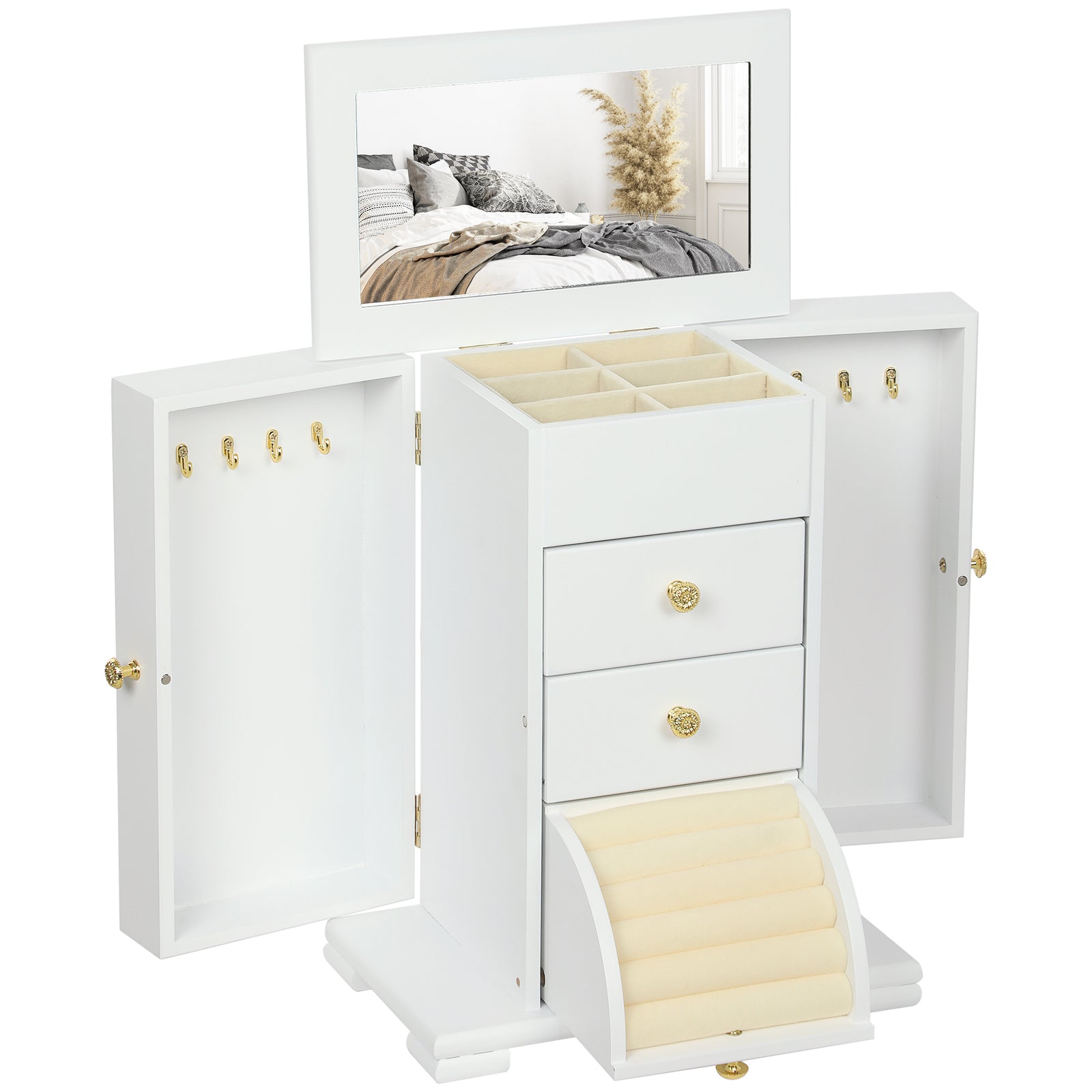4-Tier Jewellery Box with Mirror and 2 Drawers - White