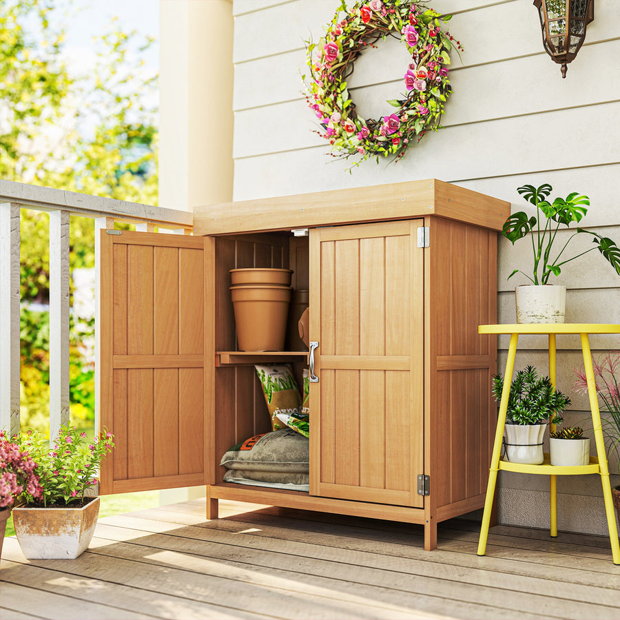 Small Shed, Wooden Garden Shed with Openable Hinged Roof and Removable Shelf, Outdoor Tool Storage Cabinet Chest with Double Doors, 74 x 43 x 88 cm, Natural Wood Finish