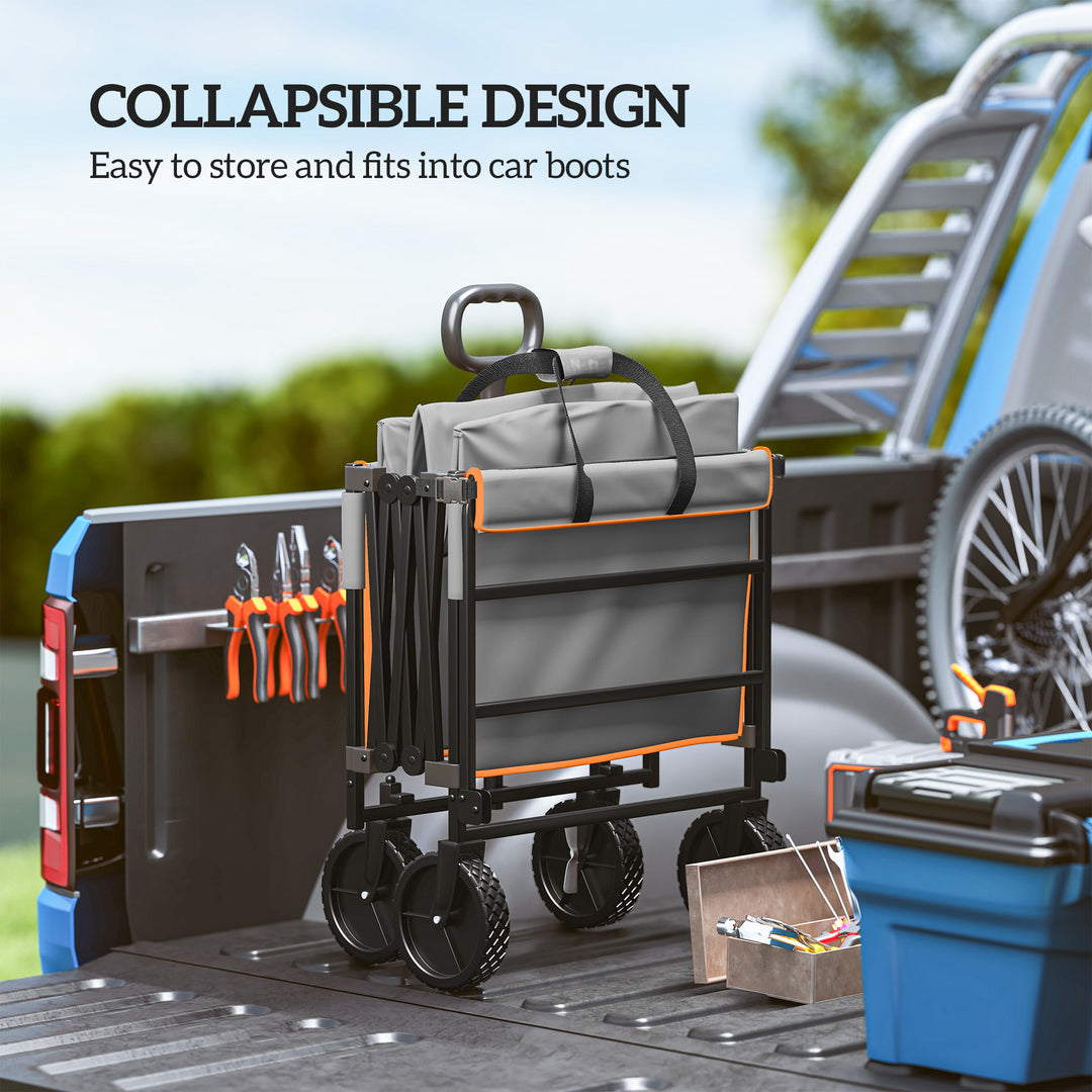 160L Festival Trolley on Wheels, Folding Camping Trolley Cart w/ Tailgate, 100kg Heavy Duty Garden Collapsible Folding Wagon w/Adjustable Handle, Carry Bag for Beach Picnic, Grey and Orange