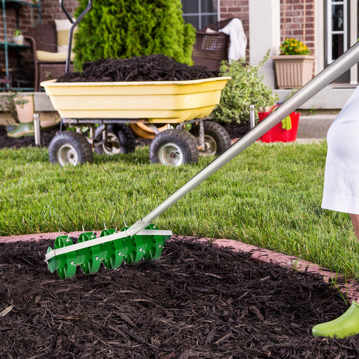 Rolling Lawn Aerator, Manual Grass Spike Roller, Heavy Duty Garden Aerator with 3 Piece Detachable Handle and T-bar Grip, Outdoor Garden Lawn Tool, Dark Green