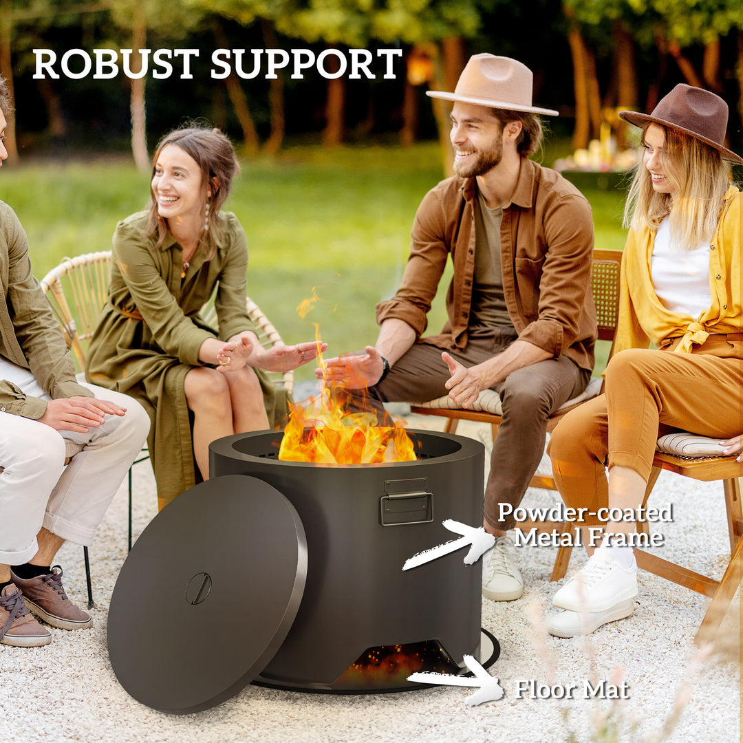 Outdoor Round Fire Pit with Lid and Fire Poker - Black