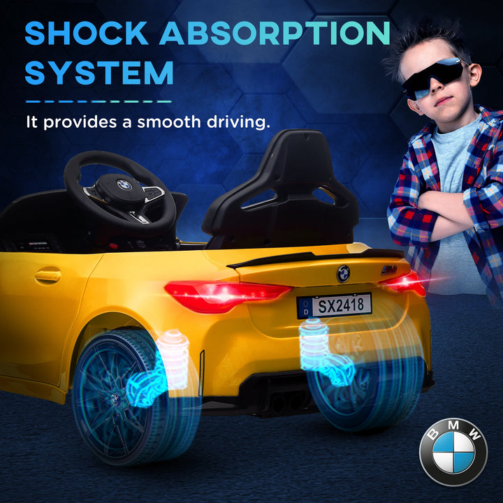 AIYAPLAY 12V BMW M4 Licensed Kids Car with Easy Transport, Remote Control, Suspension, Music, Horn, LED Lights - Yellow