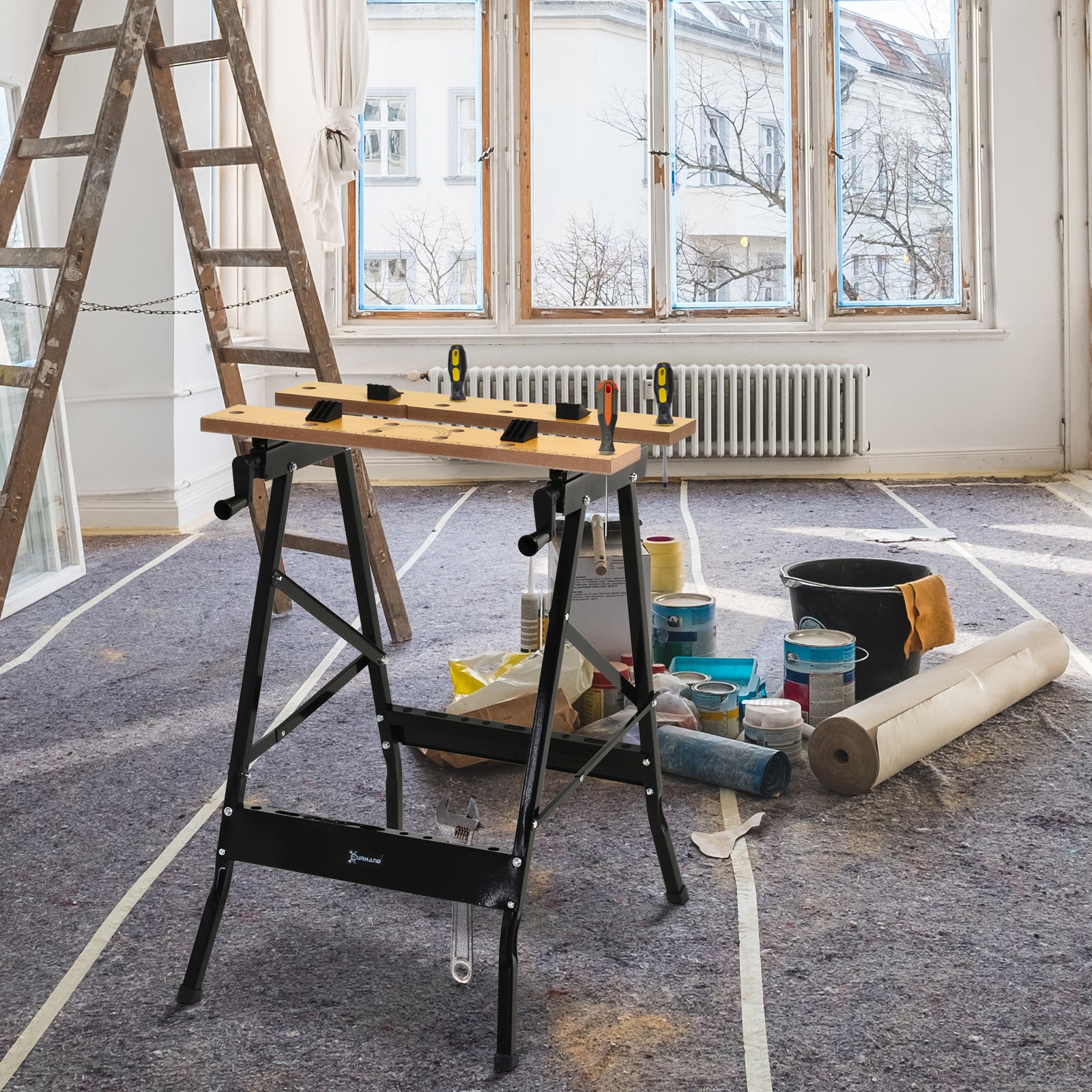 4-in-1 Work Bench, Folding Clamp Table w/ 4 Adjustable Clamping Pegs for DIY Home Garage, Black