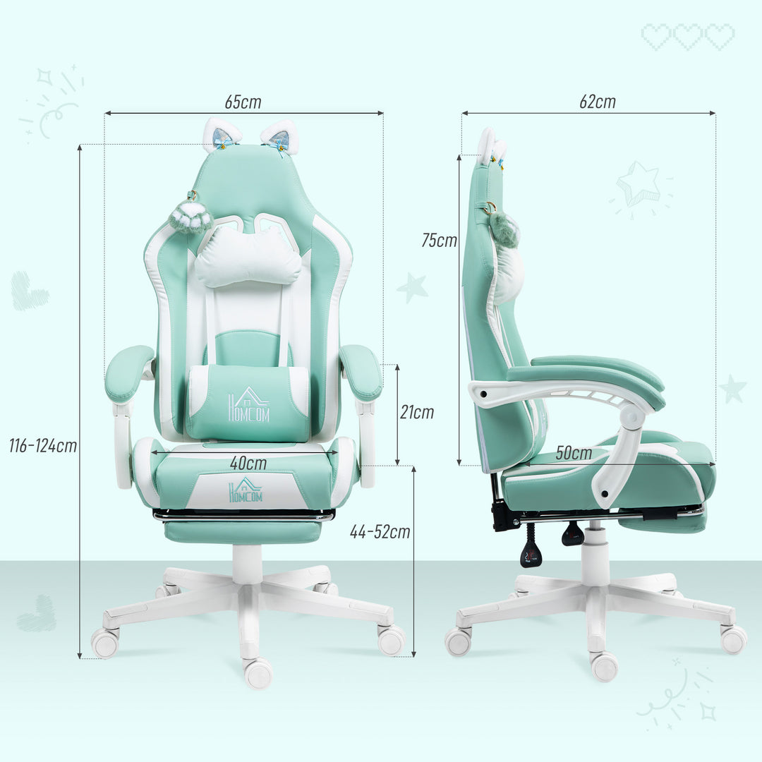 Cat Ear and Paw Reclining Office Chair, with Footrest - Light Blue/White