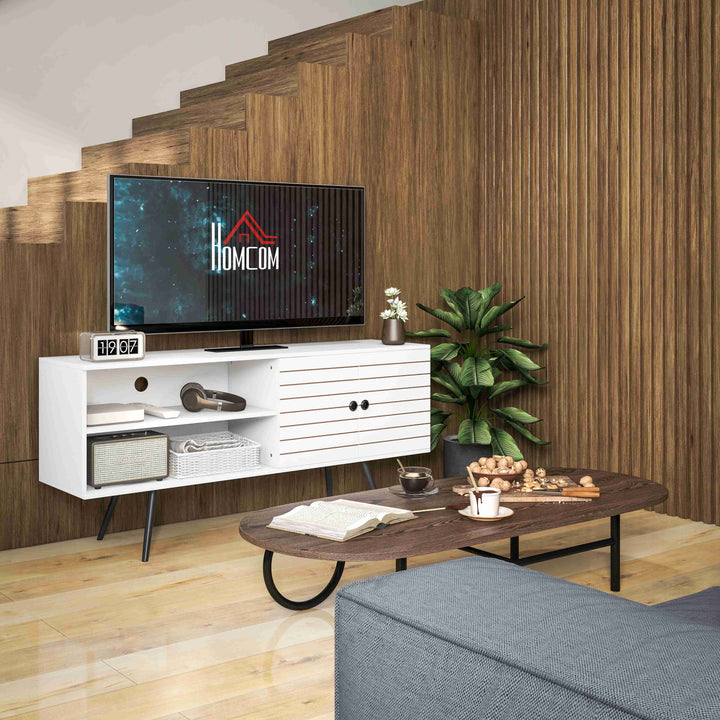 TV Stand with Cupboard, Open Shelves, Striped Doors, Wooden legs, White