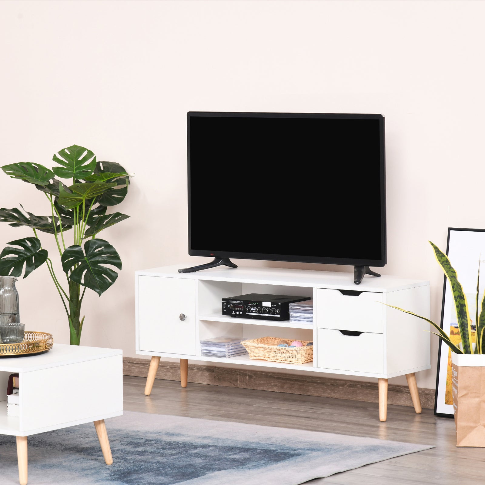 TV Stand for TVs up to 50", TV Console Cabinet with Open Storage Shelf and Drawers for Living Room, Entertainment Room and Bedroom, White
