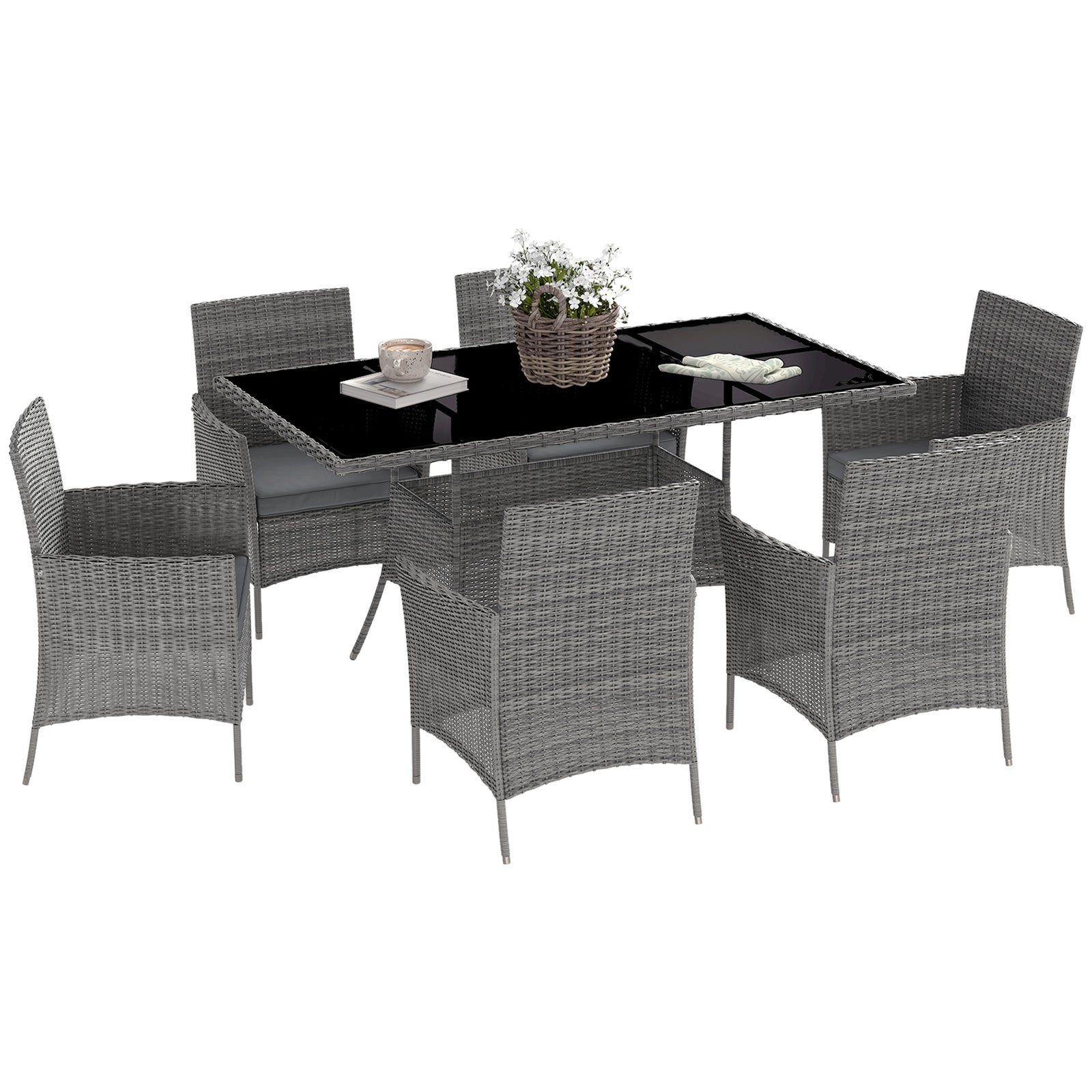 7-Piece Rattan Garden Furniture Set with Cushions, 6 Seater Garden Table and Chairs, Rattan Dining Set with 6 Armchairs, Rectangular Glass Top Table, Charcoal Grey