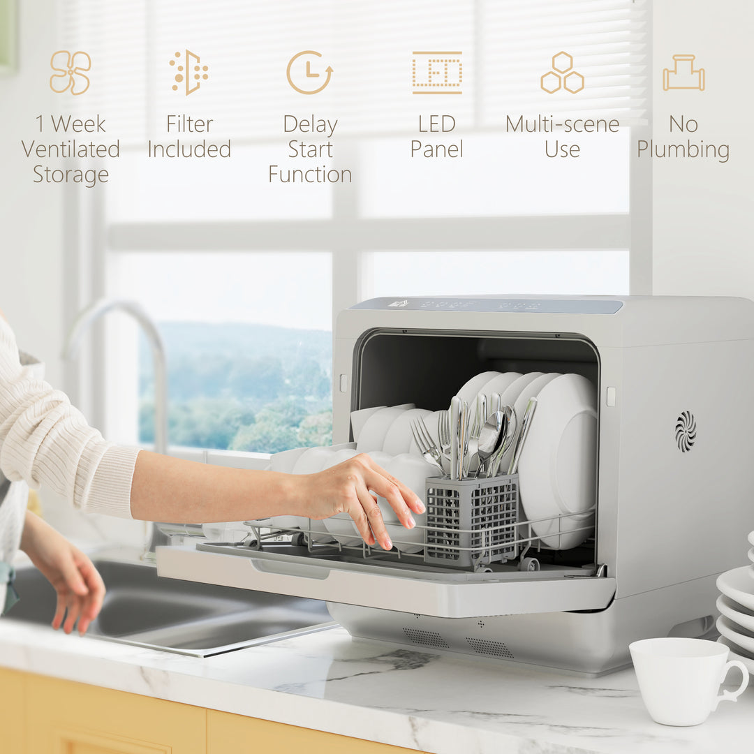 Table Top Dishwasher with Built-in 6L Water Tank, Mini Countertop Dishwasher with 6 Programs, 4 Place Settings, Silver Tone