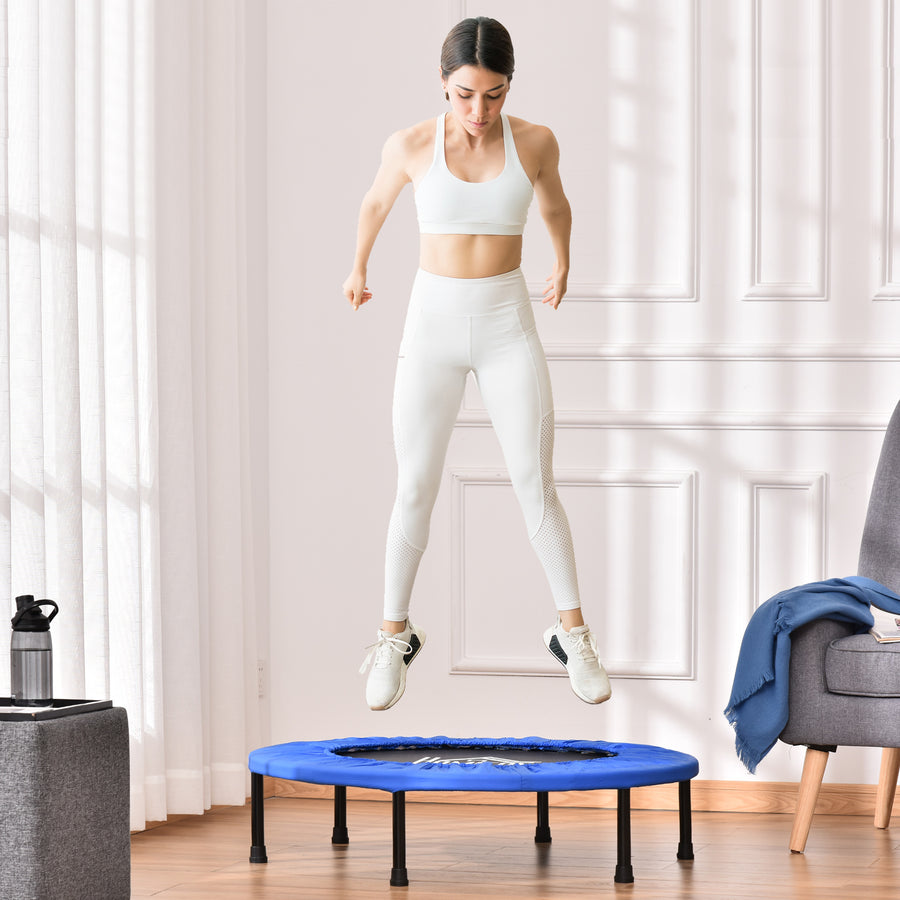 Φ91 Mini Fitness Trampoline Home Gym Yoga Exercise Rebounder Indoor Outdoor Jumper with Safety Pad, Support Up to 100 KG, Blue and Black