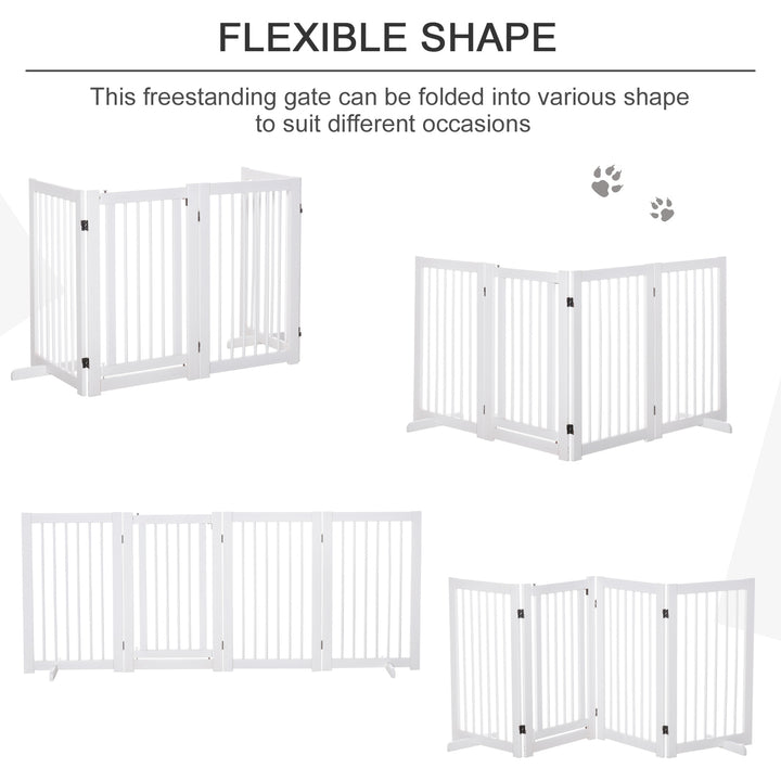 Freestanding Pet Gate 4 Panels Wooden Dog Safety Fence Foldable with Support Feet for Doorway Stairs 91cm Tall White
