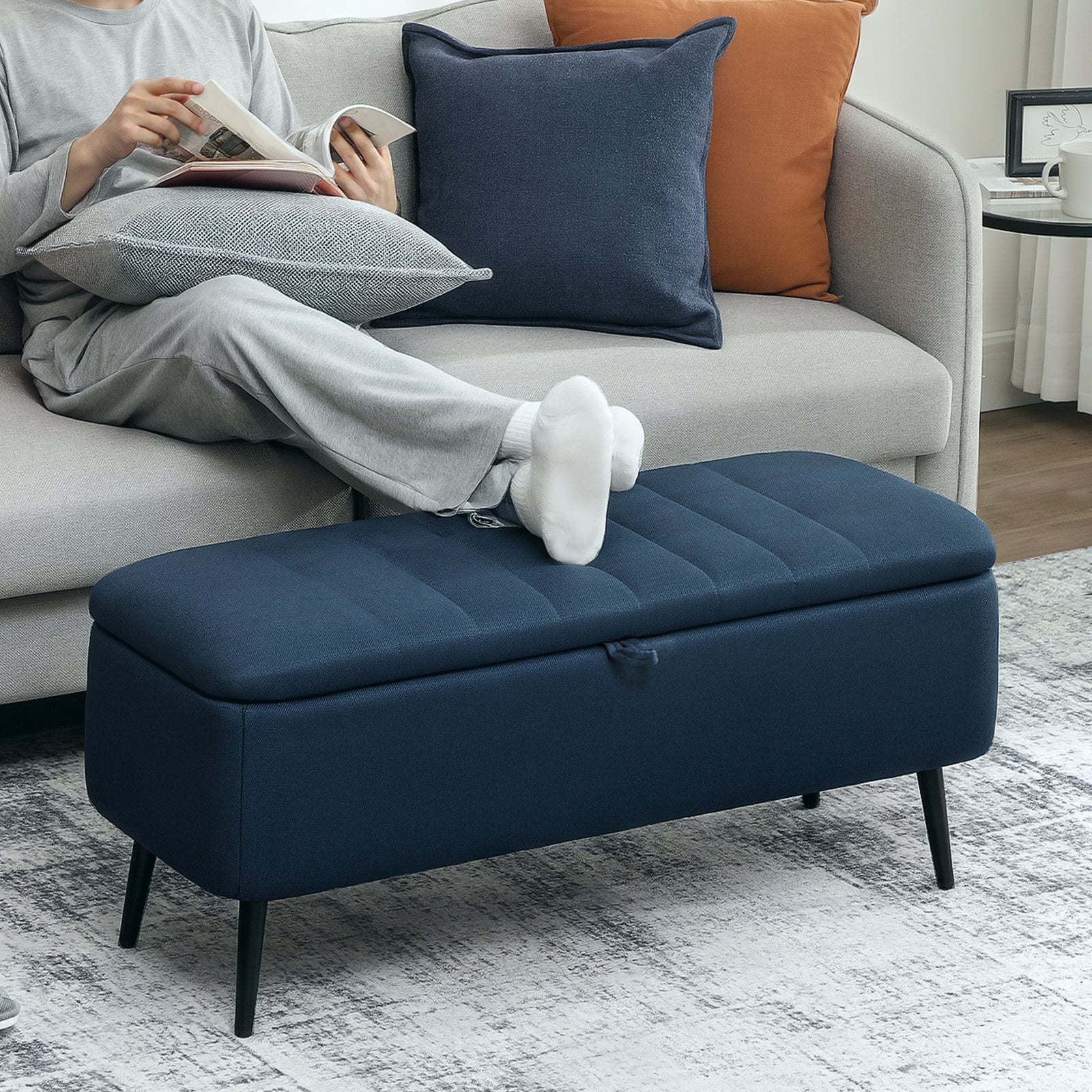 92 x 31cm Linen-Look Storage Ottoman - Dark Blue