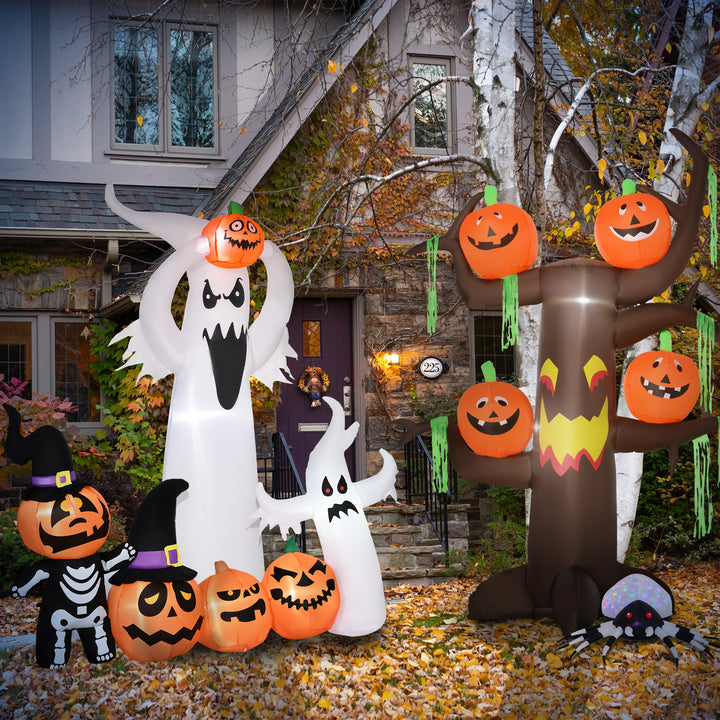 2.4m Halloween Inflatable Ghost Tree with 4 Pumpkins 2 Build-in LEDs, Blow Up Inflatables for Halloween Party Yard Lawn Outdoor Indoor Decoration