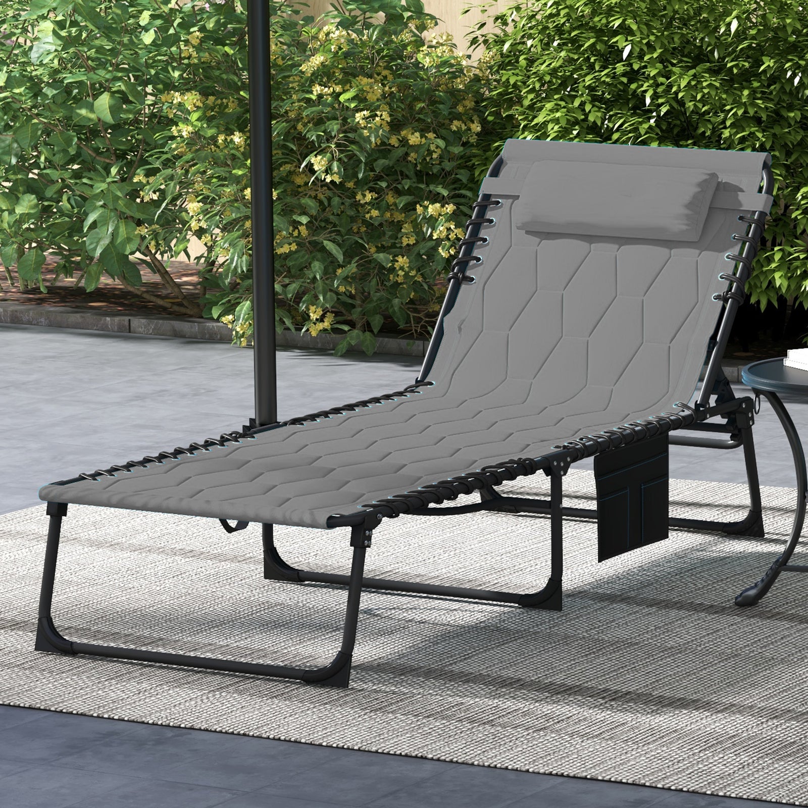 Foldable Sun Lounger with 5-level Reclining Back, Outdoor Tanning Chair Sun Lounger with Build-in Padded Seat, Side Pocket, Headrest for Beach, Yard, Patio, Grey