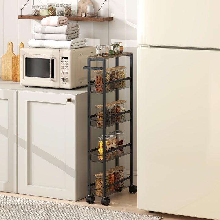 Slim Storage Trolley, 5-Tier Kitchen Cart on Wheels with Wood-effect Top, Handle for Living Room, Bathroom