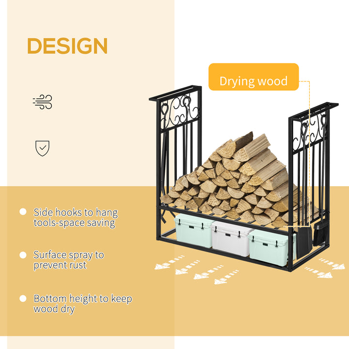 Steel Firewood Log Holder Indoor Outdoor Firewood Rack Fireplace Wood Storage Shelf with 4 Tools, Hooks, Scrolls, Rust-Resistant, Black, 75L x 30W x 60H cm