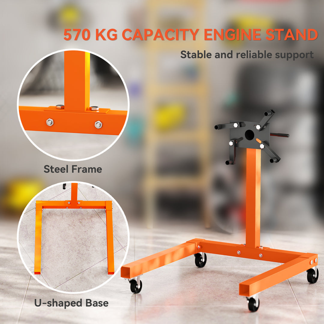 Engine Stand, 570 kg Rotating Engine Stand with 360 Degree Adjustable Head, 4 Mounting Arms, Heavy Duty Steel Support, Universal Wheels for Garage Workshop Auto Repair, Orange