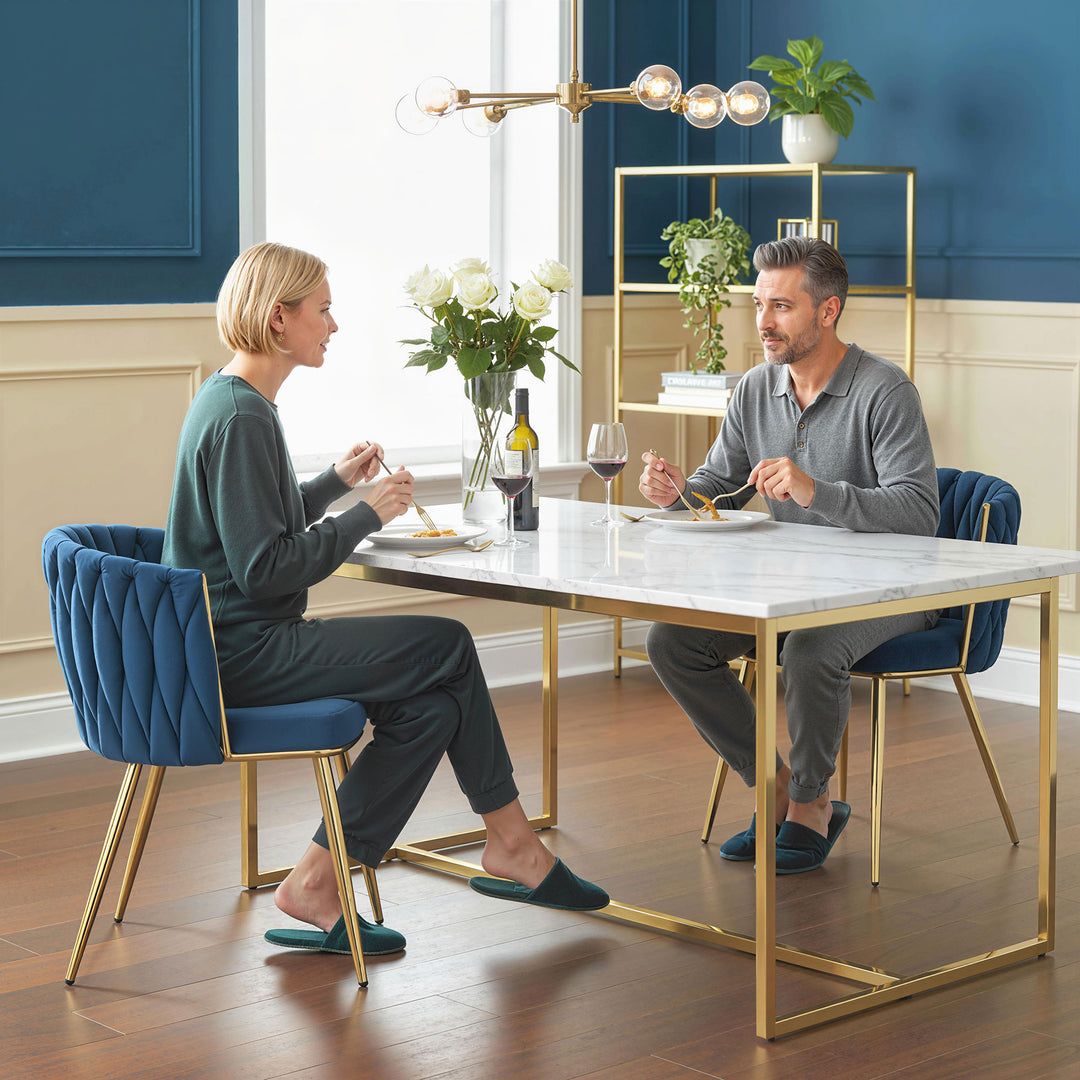 Velvet-Feel Dining Chairs Set of 2, Modern Upholstered Kitchen Chairs with Woven Backrest and Armrests, Metal Legs and Padded Seat for Dining Room, Bedroom, Living Room