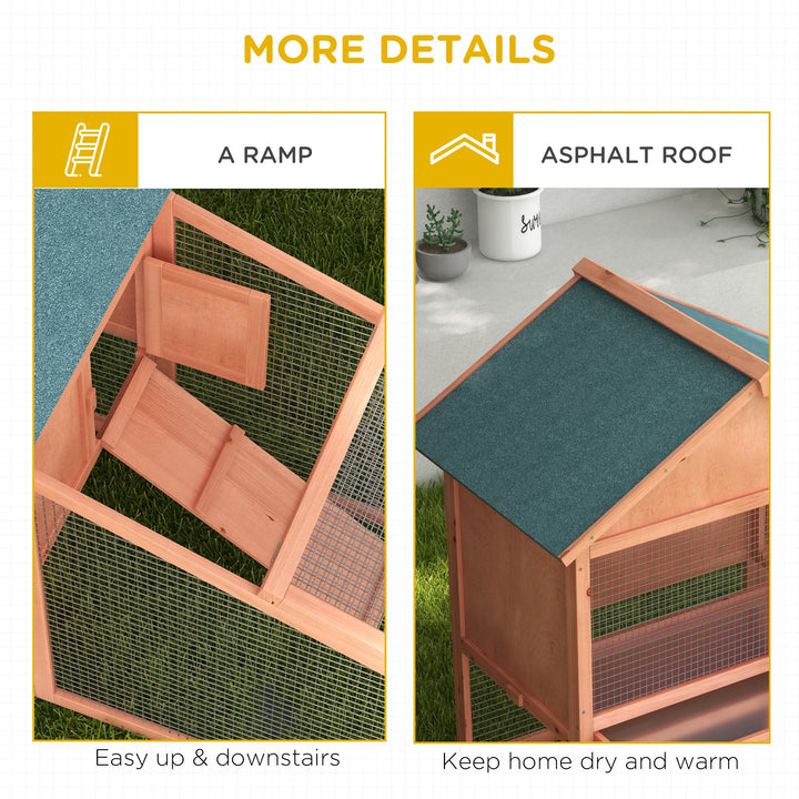 PawHut 2 Tier Rabbit Cage, Solid Wood Bunny House, Water Resistant Asphalt Roof Ramp Sliding tray 144 x 64.5 x 100 cm Red/Brown | Aosom UK