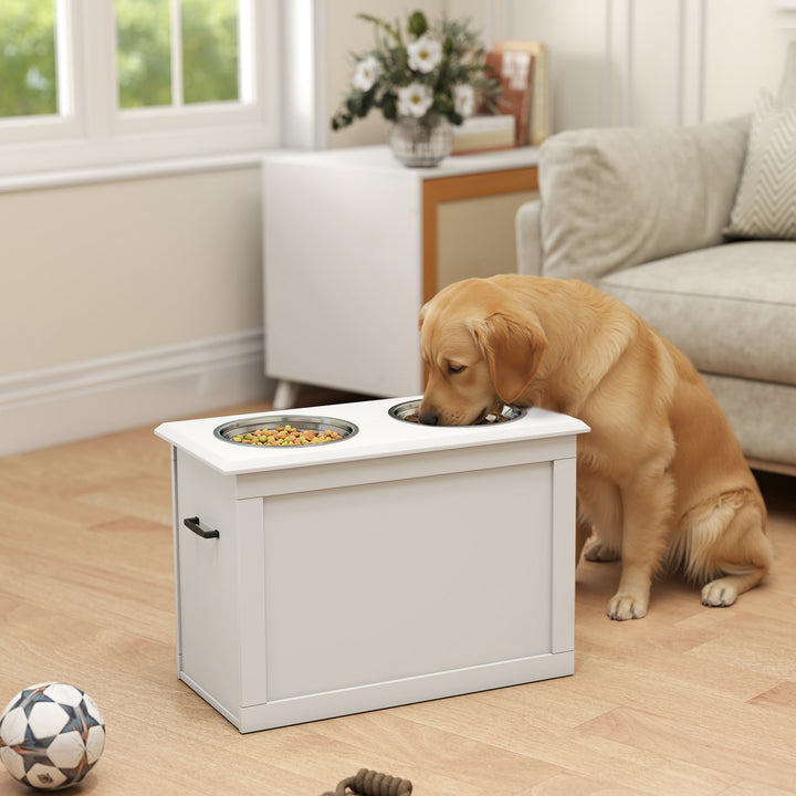MCL Raised Dog Bowls, with Storage, Two Stainless Steel Bowls, Elevated Base - White