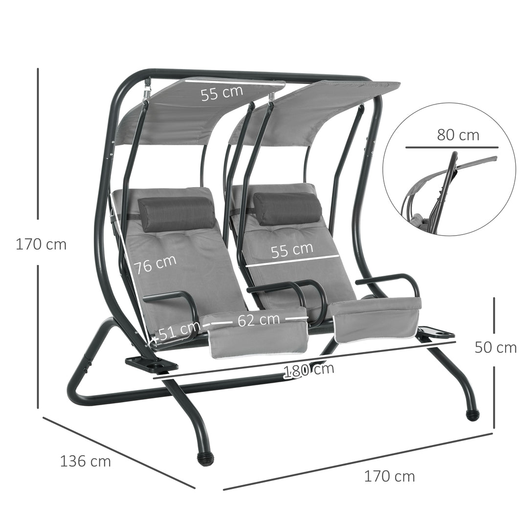 Canopy Swing 2 Separate Relax Chairs w/ Handrails and Removable Canopy Grey