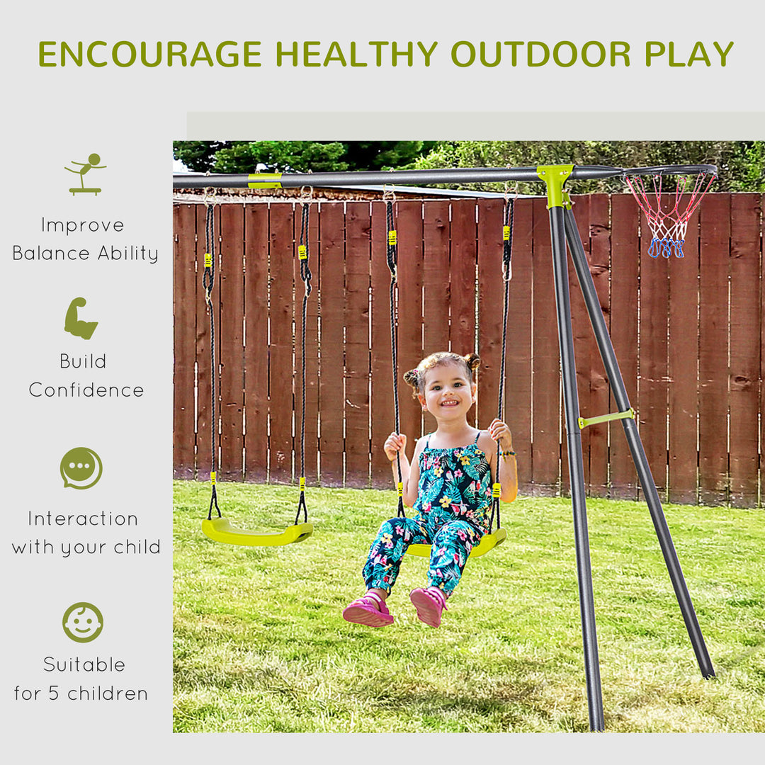 Outsunny Kids Swing Set for Backyard, Outdoor Play Equipment, w/ Adjustable Swing Seats, Seesaw, Basket Hoop, A