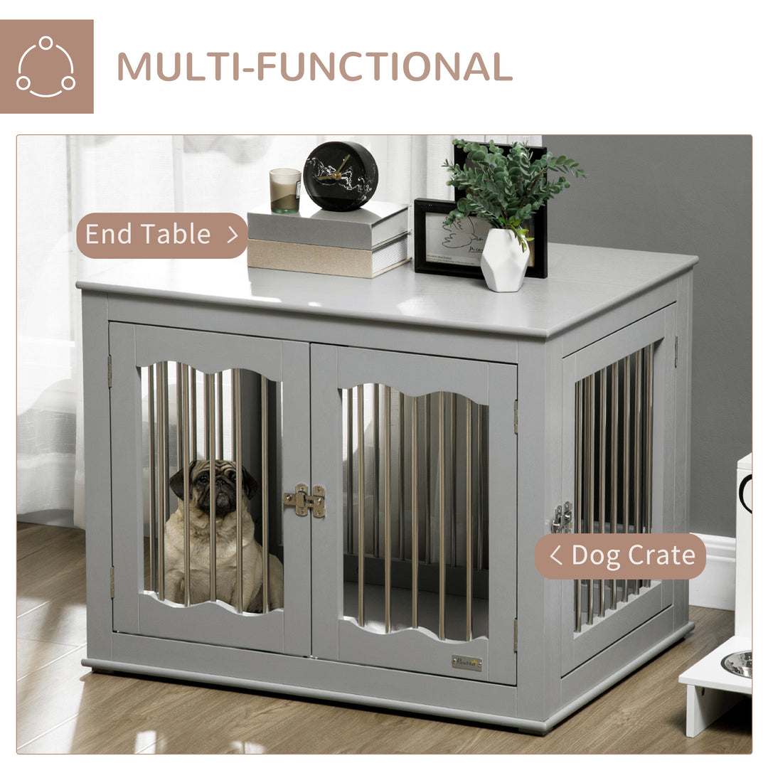 Dog Crate End Table Furniture Style Dog Cage w/ Three Doors, Locks and Latches - Grey