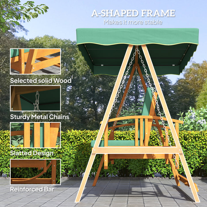 3 Seater 2-in-1 Wooden Garden Swing Seat Swing Chair Outdoor Convertible Hammock Bench Furniture Lounger Bed Wood, Dark Green