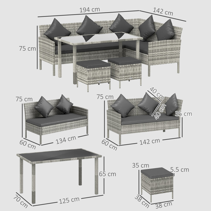 tsunny 6-Seater Rattan Dining Set Sofa Table Footstool Outdoor w/ Cushion Garden Furniture, Dark Grey