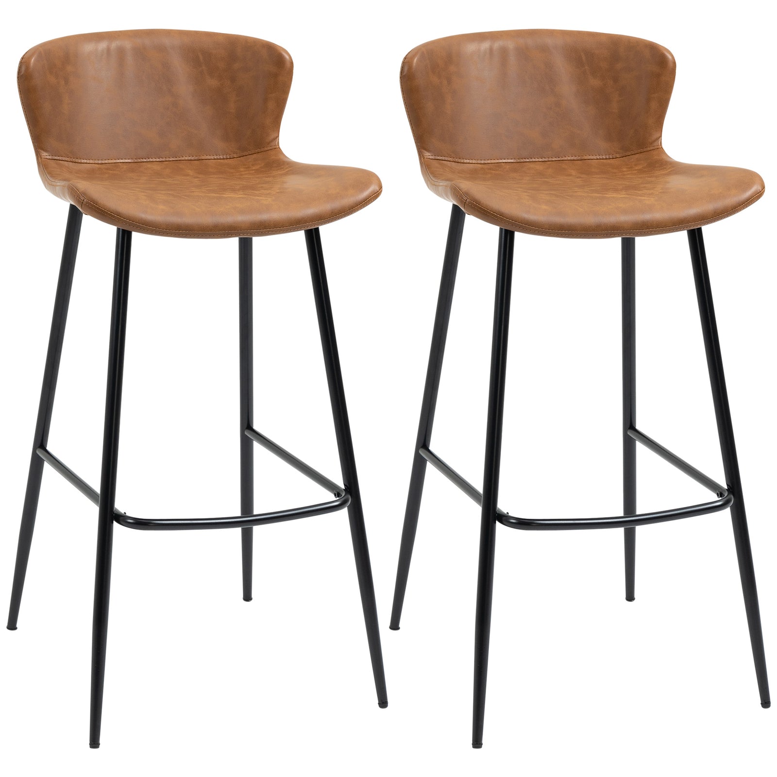 Bar Stools Set of 2, PU Leather Upholstered Bar Chairs, Breakfast Kitchen Counter Chairs with Backs, Steel Legs and Footrests for Dining Room, Brown