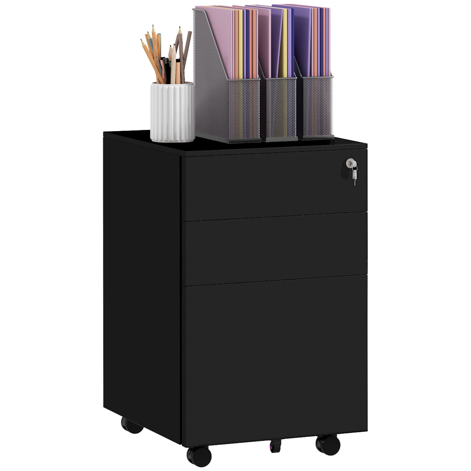 3-Drawer Vertical Filing Cabinet with Pencil Tray, Lock and 5 Wheels, Steel Mobile File Cabinet, for A4, Legal and Letter Size, Pre-Assembled Body, Black