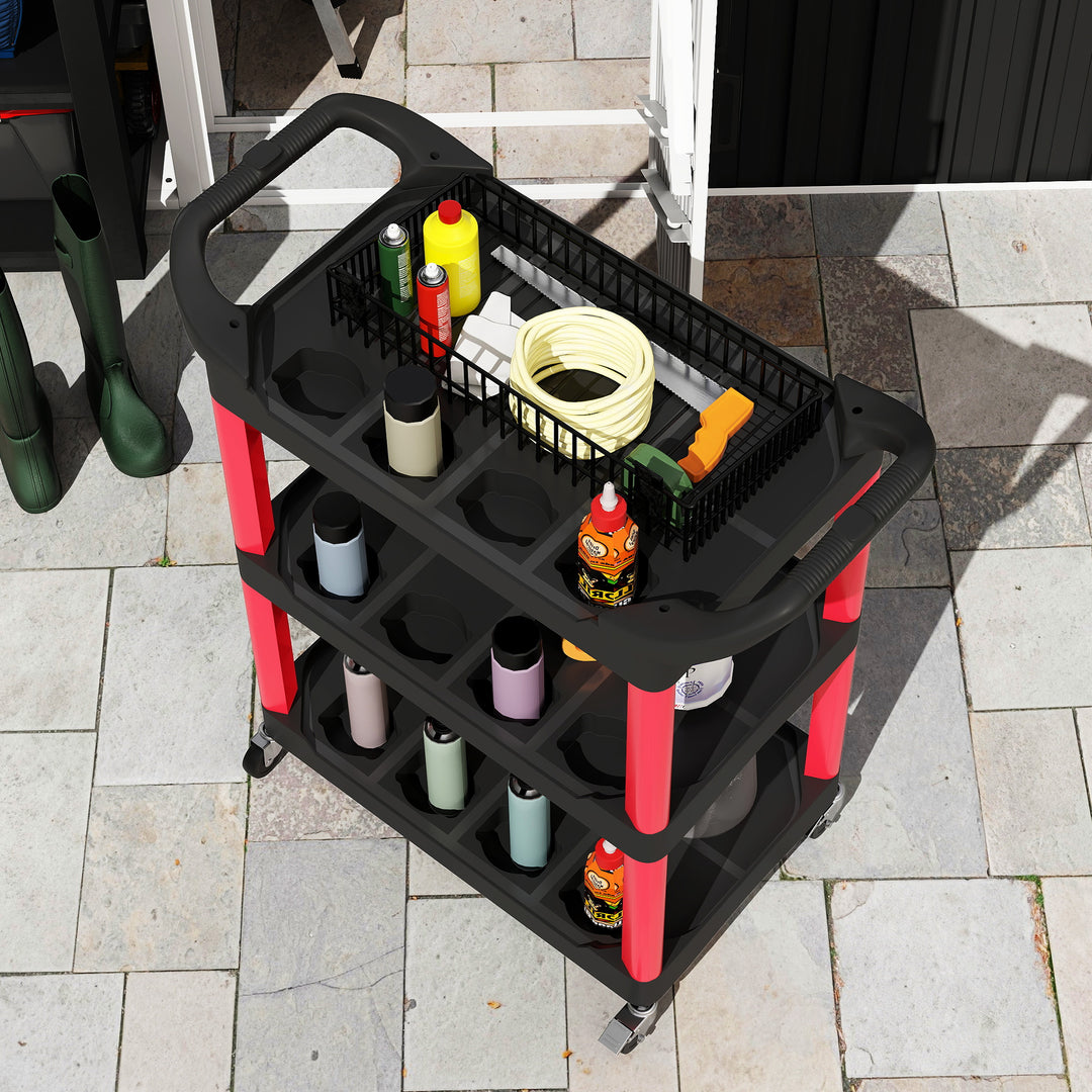 3-Tier Rolling Tool Cart, Tool Trolley on Wheels, Plastic Mobile Service Utility Cart with Handles for Garage, Mechanics and Warehouse, 91kg Capacity, Black and Red
