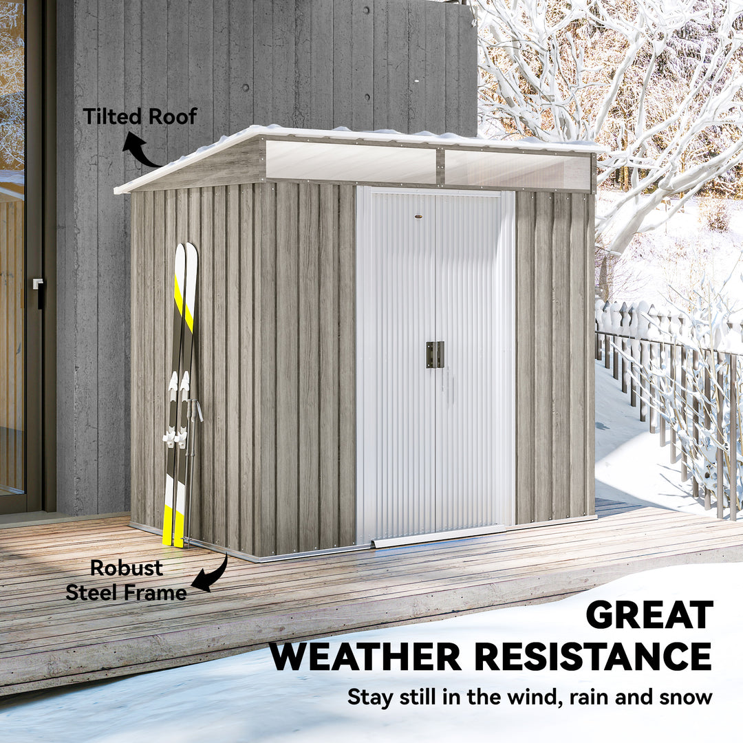 6.5 x 4FT Galvanised Metal Shed with Foundation Kit, Lockable Tool Garden Shed with Double Sliding Doors, Vents, Light Grey Wood Effect