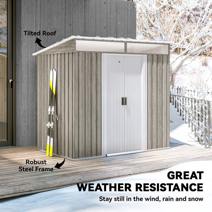 6.5 x 4FT Galvanised Metal Shed with Foundation Kit, Lockable Tool Garden Shed with Double Sliding Doors, Vents, Light Grey Wood Effect
