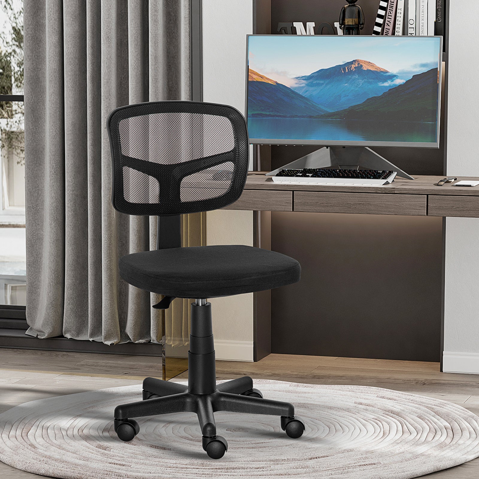 Small Office Chair without Arms, Ergonomic Swivel Mesh Desk Chair with Curved Back and Wheels, Height Adjustable, for Home Vanity Computer Dressing Table Study Bedroom, Holds Up to 120 kg