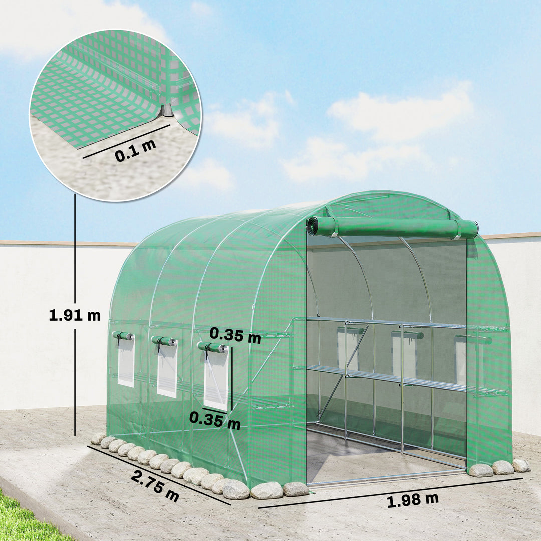 Walk-in Greenhouse with Shelves, Polytunnel Greenhouse with Roll-Up Do