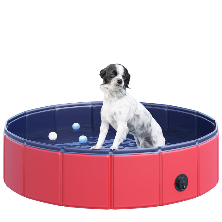 MCL Foldable Dog Pool, 80 x 20 cm Pet Paddling Pool with Wood Board Support and Anti-Slip Bottom, Portable Doggy Paddling Pool for Garden and Outdoor Use, Red