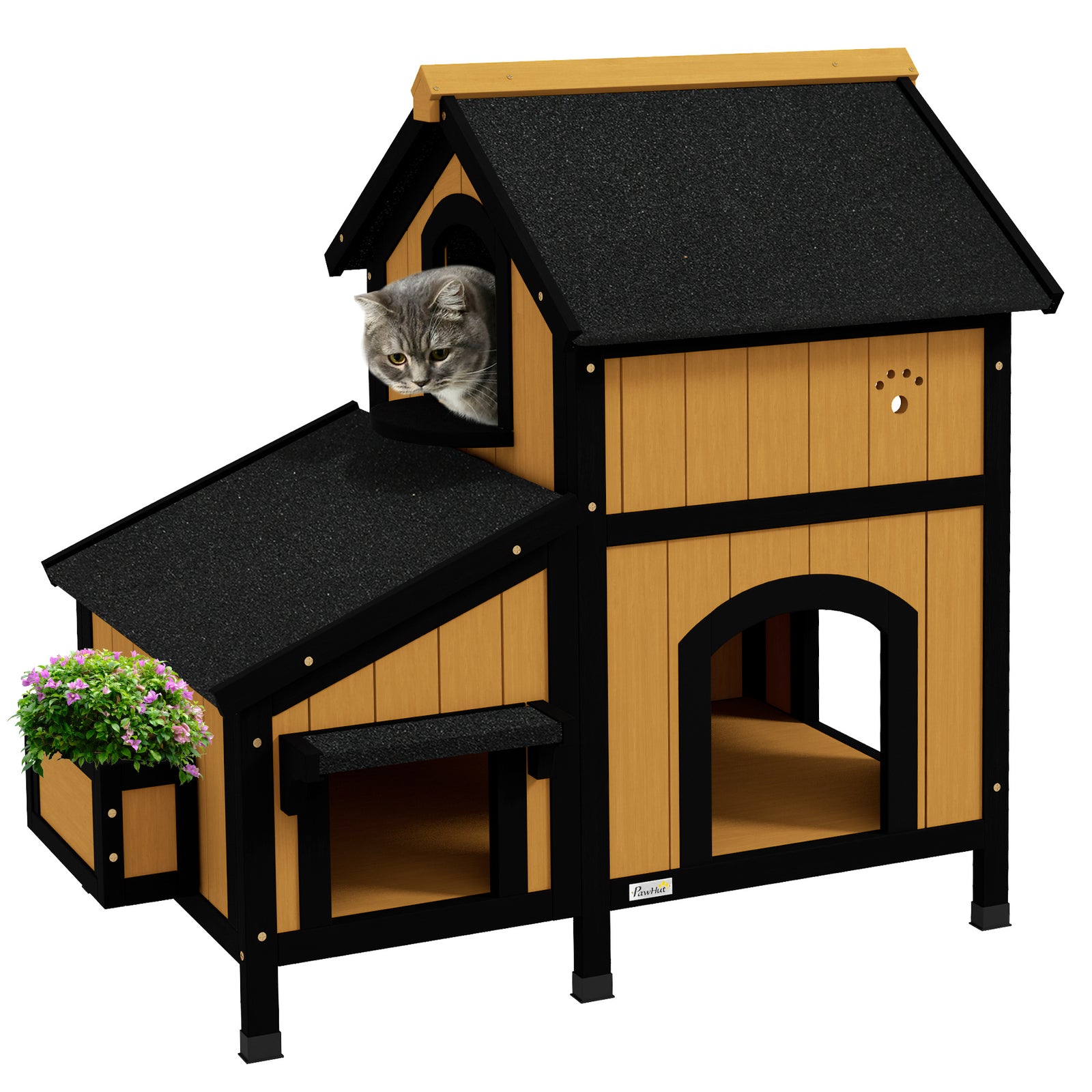 Wooden Cat House with Flower Pot, Windows, Multiple Entrances, Water-Resistant Roof for Outdoor - Yellow
