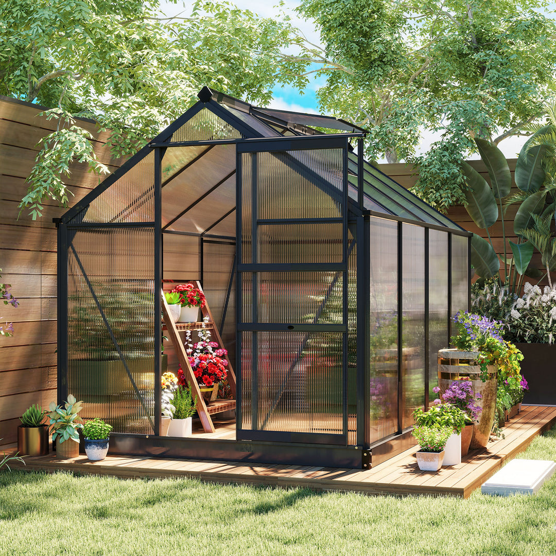 MCL 6 x 8ft Polycarbonate Greenhouse, Large Walk-In Green House with Slide Door and Window, Garden Plants Grow House with Aluminium Frame and Foundation, Grey