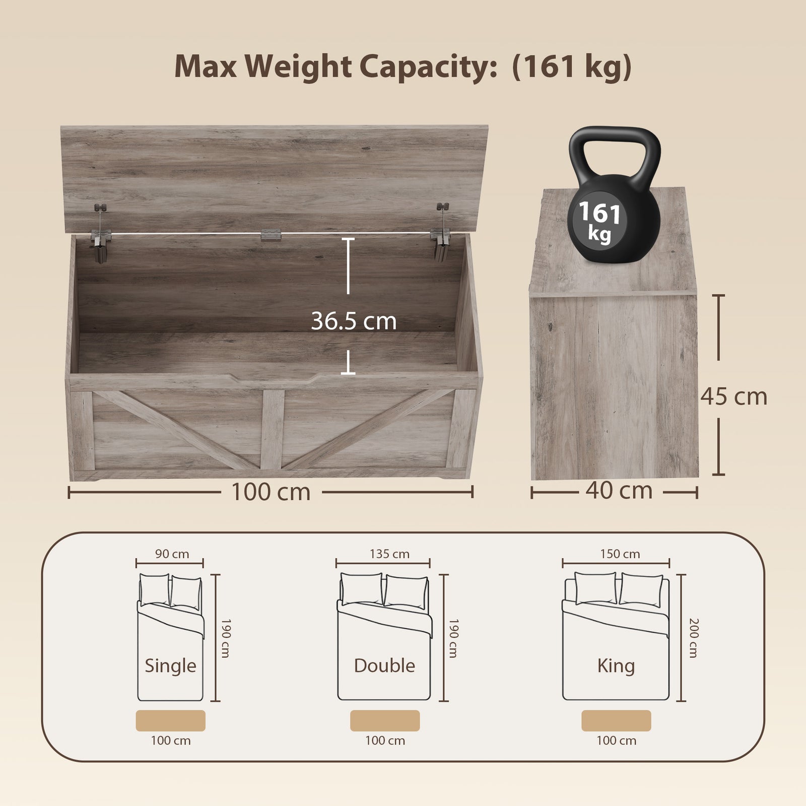 127L Home Storage Box, with Safety Hinges - Grey Wood-Effect
