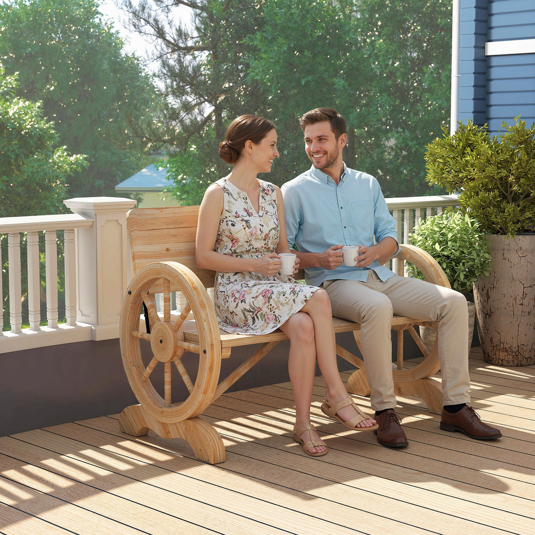 Fir Wood 2-Seater Outdoor Garden Wagon Wheel Bench, Natural Wood Finis