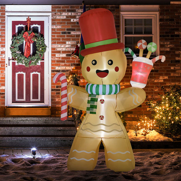 HOMCOM 7.5FT Christmas Inflatable Gingerbread Man with Candy Cane and LED Lights, Blow-Up Outdoor LED Garden Display for Lawn, Party