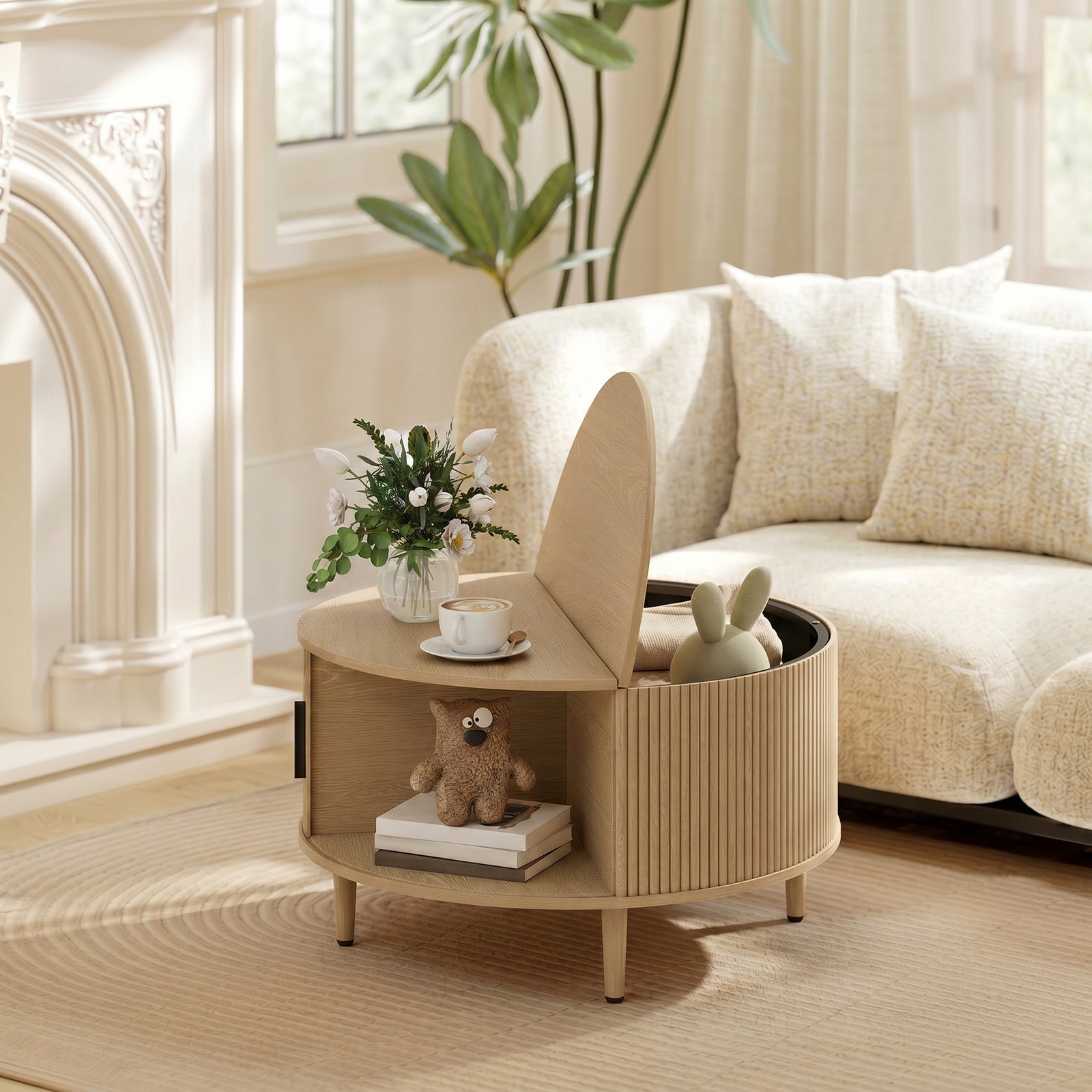 Coffee Table with Lift Top and Hidden Storage, Round Centre Table with