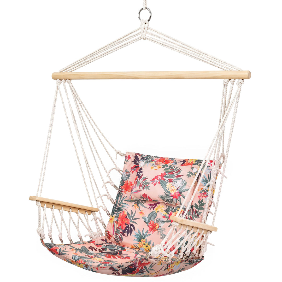 Garden Outdoor Hanging Hammock Chair Thick Rope Frame Wooden Arms Safe