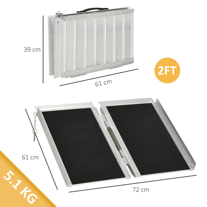 2ft Aluminium Duo Wheelchair Ramp Pushchair Mobility Assistance Folding w/ Carry Handle Locking Chain Portable 61L x 72W cm