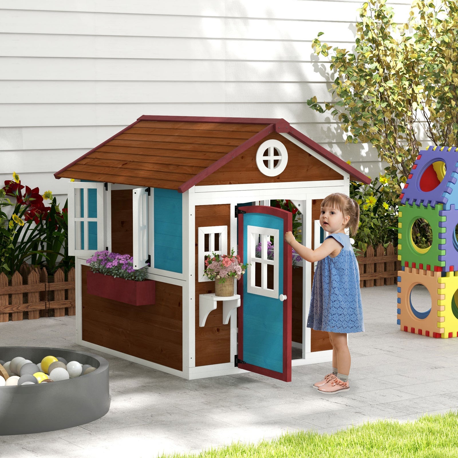 Wooden Playhouse with Doors, Windows, Plant Pots, Boxes, for 3-8 Years - Dark Brown