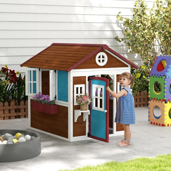 Wooden Playhouse with Doors, Windows, Plant Pots, Boxes, for 3-8 Years - Dark Brown