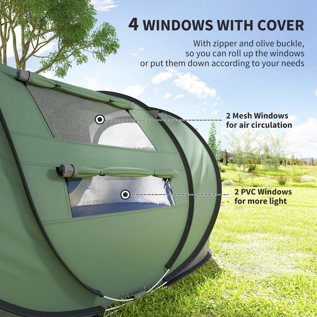 4 Person Pop-up Camping Tent Family Tent with Ground Sheet, 4 Windows and Portable Carry Bag for Beach Outdoor Trip, Dark Green